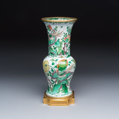 A Chinese famille verte gilt-bronze-mounted 'Yenyen' vase with pheasants, Kangxi