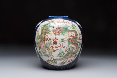 A Chinese famille verte gilt-decorated blue-ground 'Dragon and Phoenix' vase, Kangxi mark, 19th C.
