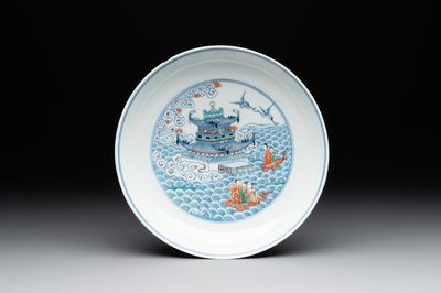 A Chinese famille verte 'Hai Wu Tian Chou 海屋添筹' plate, Yongzheng mark, 19th C.