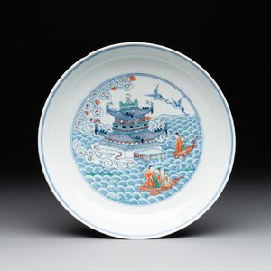 A Chinese famille verte 'Hai Wu Tian Chou 海屋添筹' plate, Yongzheng mark, 19th C. — foto 1