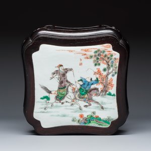 A Chinese famille verte 'Horseriders' plaque set in a hongmu square stand — photo 7