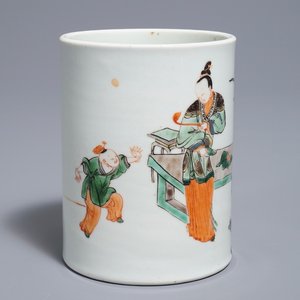 A Chinese famille verte Kangxi style brush pot, 19/20th C. — 照片 1