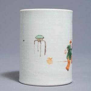 A Chinese famille verte Kangxi style brush pot, 19/20th C. — 照片 3