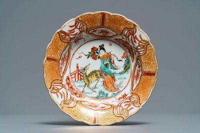 A Chinese famille verte kraak-style 'Magu and deer' klapmuts bowl, Kangxi
