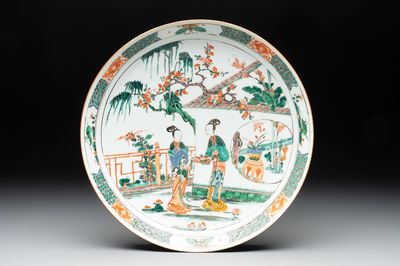 A Chinese famille verte 'ladies in a garden' dish, Kangxi