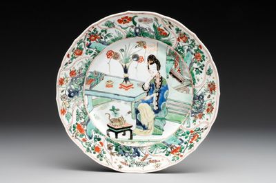 A Chinese famille verte 'lady and her cat' dish, Ding mark, Kangxi