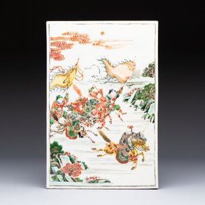 A Chinese famille verte 'Ma Yue Tan Xi 馬躍檀溪' plaque, 19th C. — photo 1