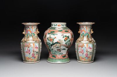 A Chinese famille verte 'mythical animal' vase and two Canton famille rose vases, 19th C.