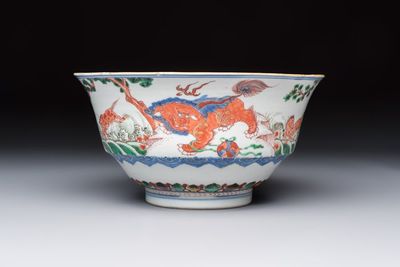 A Chinese famille verte 'Mythical Beasts and Horses' bowl, Fu 黼 mark, Kangxi