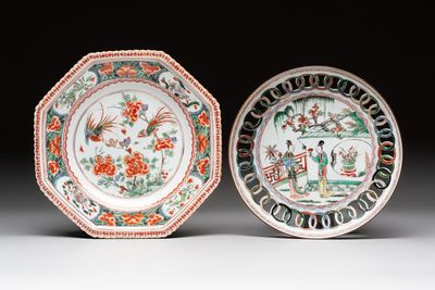A Chinese famille verte octagonal plate and a 'reticulated border' plate, Kangxi