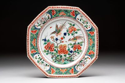 A Chinese famille verte 'peonies and pheasants' octagonal dish, Kangxi