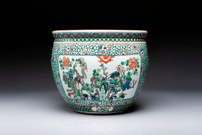 A Chinese famille verte 'Phoenixes and Mountainous Landscape' fish bowl or jardinière, 19th C.
