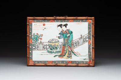 A Chinese famille verte plaque with ladies in a garden, Kangxi