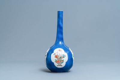 A Chinese famille verte powder blue-ground bottle vase, Kangxi