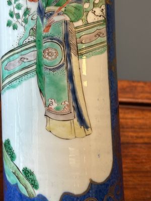A Chinese famille verte powder-blue-ground 'court lady' beaker vase, Kangxi — photo 7