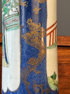 A Chinese famille verte powder-blue-ground 'court lady' beaker vase, Kangxi — photo 9