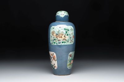 A Chinese famille verte powder-blue-ground 'fish and bird' vase and cover, 19th C.