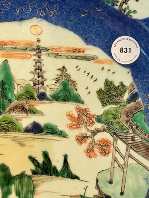 A Chinese famille verte powder-blue-ground 'landscape' dish, Kangxi — 照片 12