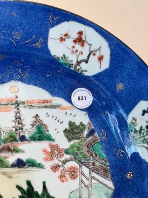 A Chinese famille verte powder-blue-ground 'landscape' dish, Kangxi — 照片 3