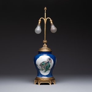 A Chinese famille verte  powder-blue-ground 'mythical animal' vase with gilt bronze lamp mounts, 19th C. — photo 1