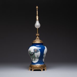 A Chinese famille verte  powder-blue-ground 'mythical animal' vase with gilt bronze lamp mounts, 19th C. — photo 4