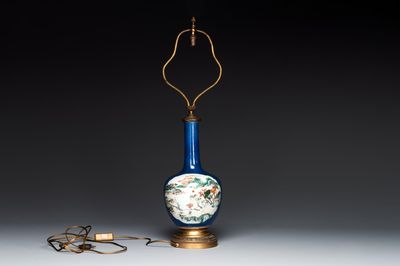 A Chinese famille verte powder blue-ground vase mounted as lamp, 19th C.