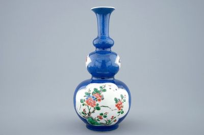 A Chinese famille verte powder blue triple gourd vase, Kangxi