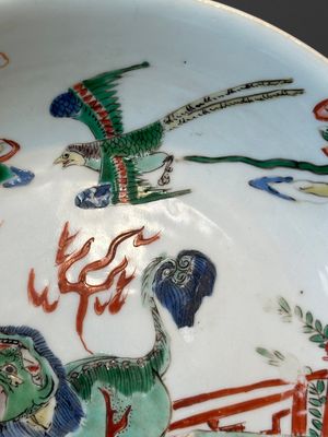 A Chinese famille verte 'qilin and falcon' plate, artemisia leaf mark, Kangxi — photo 2
