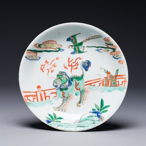 A Chinese famille verte 'qilin and falcon' plate, artemisia leaf mark, Kangxi — photo 1