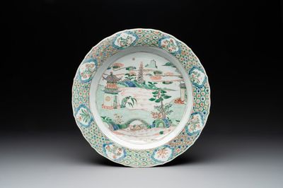 A Chinese famille verte 'river landscape' dish, artemisia leaf mark, Kangxi