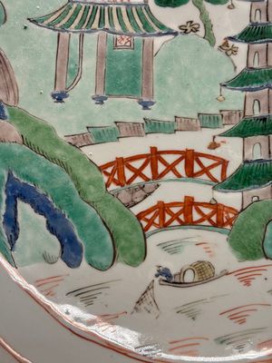 A Chinese famille verte 'river landscape' dish, lozenge mark, Kangxi — photo 4