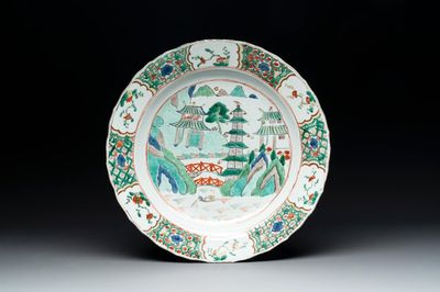 A Chinese famille verte 'river landscape' dish, lozenge mark, Kangxi