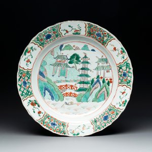 A Chinese famille verte 'river landscape' dish, lozenge mark, Kangxi — photo 1