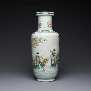 A Chinese famille verte rouleau 'Eight immortals' vase, Kangxi — photo 1