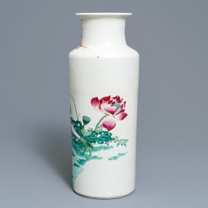 A Chinese famille verte rouleau vase with ducks, 19/20th C. — photo 4