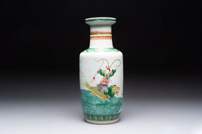 A Chinese famille verte rouleau vase with immortals, 19th C.