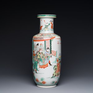A Chinese famille verte rouleau vase with narrative design, 19th C. — 照片 1