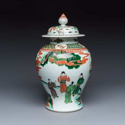 A Chinese famille verte 'Scholars and Court Ladies' baluster vase and cover, 19th C.