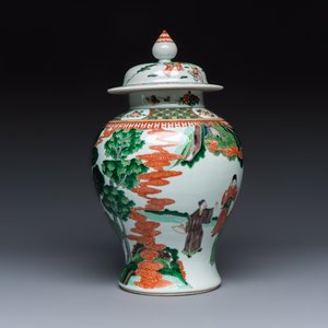 A Chinese famille verte 'Scholars and Court Ladies' baluster vase and cover — photo 5