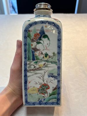 A Chinese famille verte square flask with a silver cover, Kangxi — photo 1