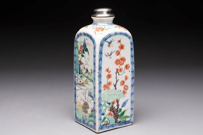 A Chinese famille verte square flask with a silver cover, Kangxi