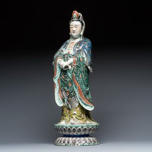 A Chinese famille verte standing Guanyin on a lotus throne — photo 1