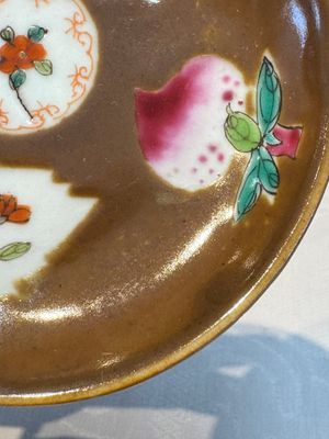 A Chinese famille verte teapot and three famille rose capucine-ground cups and saucers, Kangxi/Qianlong — photo 68