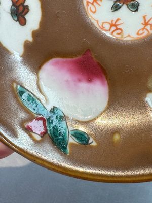 A Chinese famille verte teapot and three famille rose capucine-ground cups and saucers, Kangxi/Qianlong — photo 76
