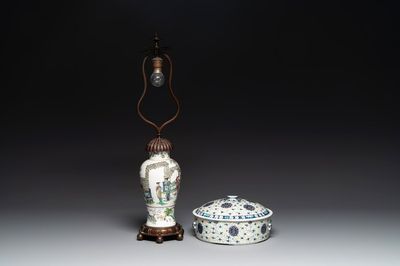A Chinese famille verte vase mounted as lamp and a famille rose covered tureen, 19th C.