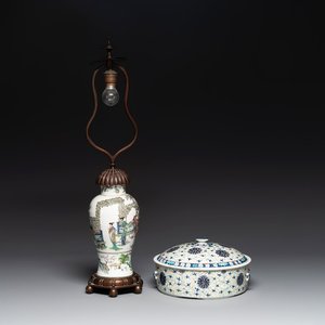 A Chinese famille verte vase mounted as lamp and a famille rose covered tureen, 19th C. — photo 1