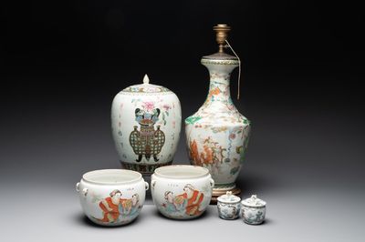 A Chinese famille verte vase, two famille rose jars and three covered jars, 19th C.