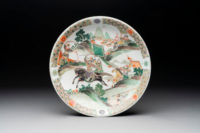A Chinese famille verte 'warriors on horseback' dish, lingzhi mark, Kangxi