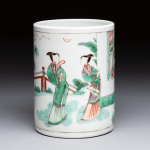 A Chinese famille verte 'Xi Xiang Ji' brush pot, Xue Gu Zhai 學古齋 mark, 19th C. — photo 1