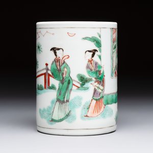 A Chinese famille verte 'Xi Xiang Ji' brush pot, Xue Gu Zhai 學古齋 mark, 19th C. — photo 2